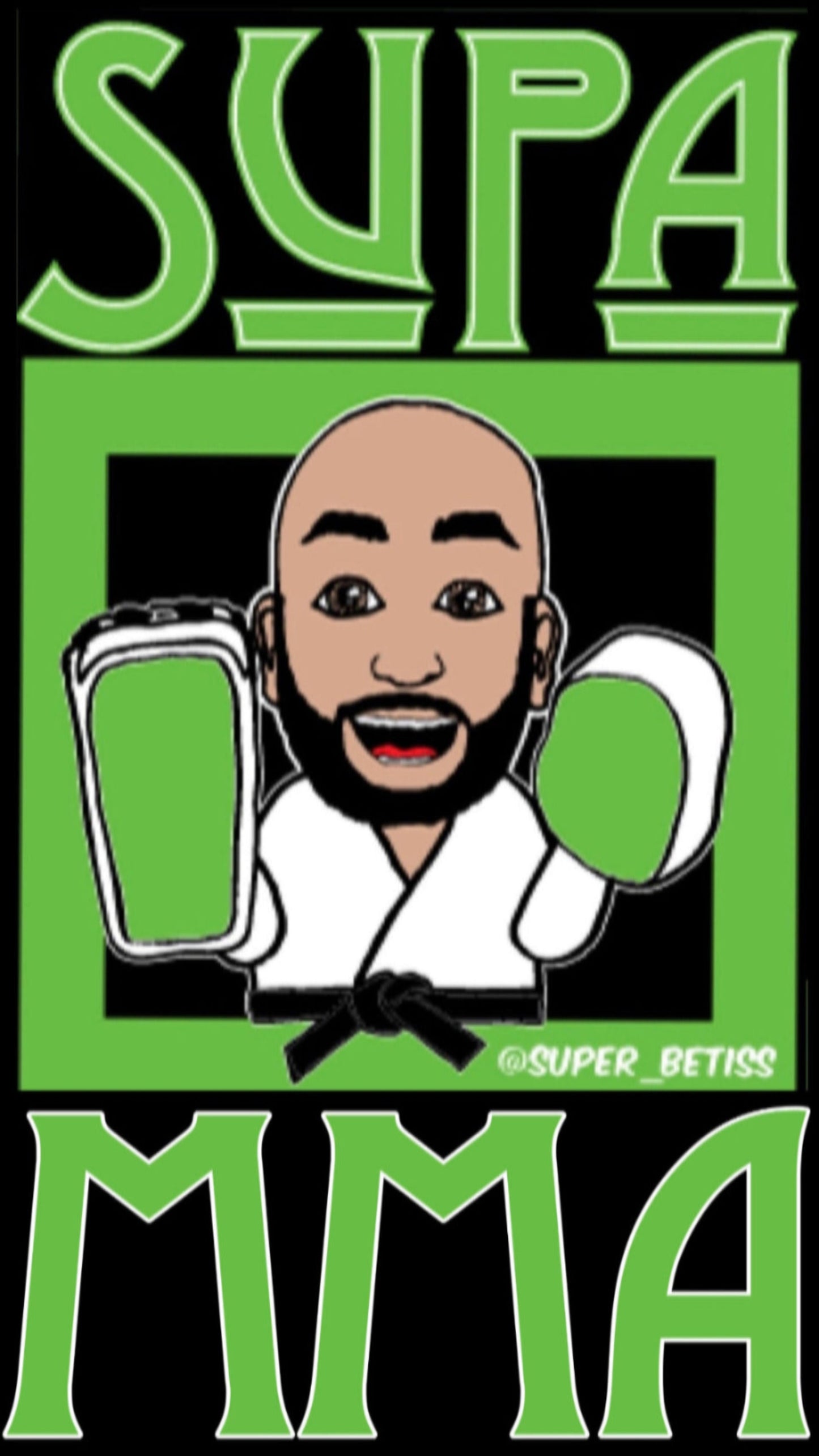 Cartoon character in a white martial arts uniform holding a belt with 'SUPA MMA' text on a green and black background.