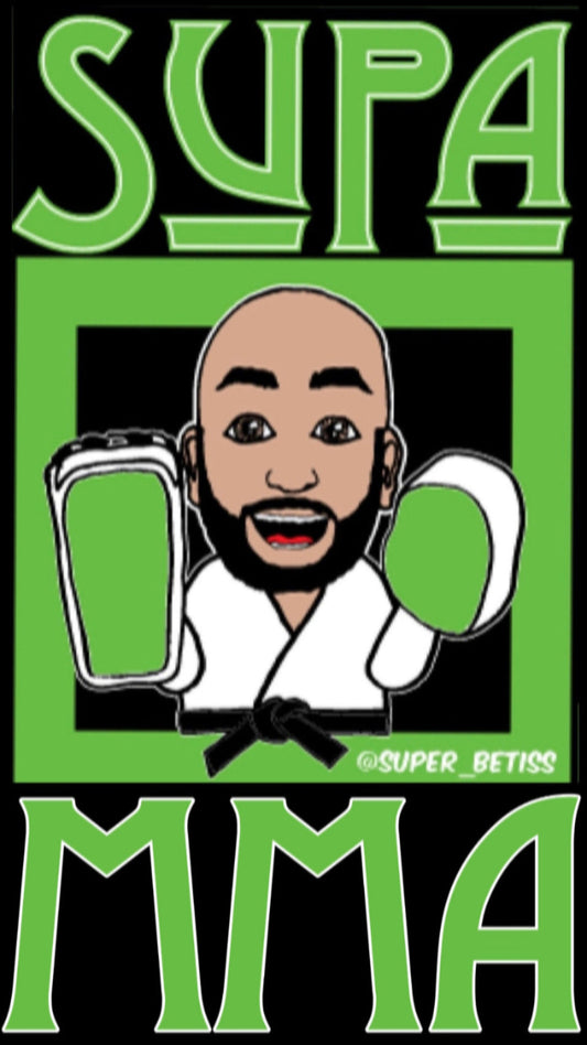 Cartoon character in a white martial arts uniform holding a belt with 'SUPA MMA' text on a green and black background.